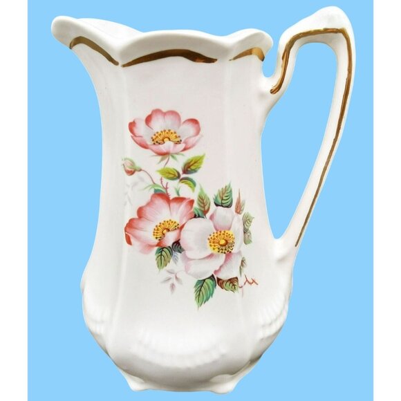 House of Webster Vintage Floral Pitcher 16oz Porcelain Gold Trim Victorian Style - Picture 1 of 15